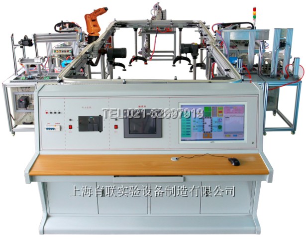 機電一體化柔性生產(chǎn)線綜合實訓系統(tǒng)，五個分系統(tǒng)構成即：數(shù)字化設計分系統(tǒng)、模擬加工制造分系統(tǒng)、檢測裝配分系統(tǒng)、生產(chǎn)物分流系統(tǒng)和信息管理分系統(tǒng)。它應包含供料單元，操作手單元，搬運單元，加工單元，搬運單元，圖像檢測單元，機器人單元，安裝單元，提取單元，分類存儲單元，環(huán)形輸送單元，總控平臺等多個單元模塊